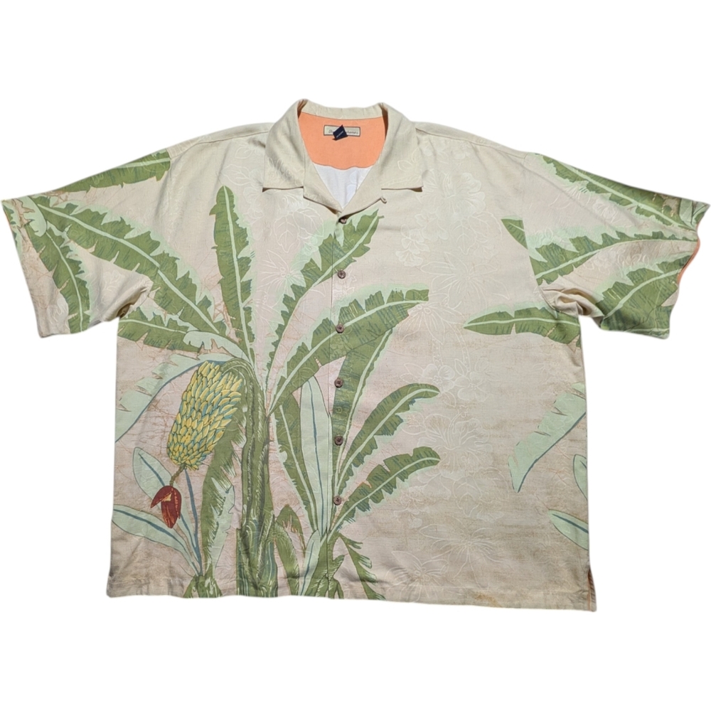 Tommy Bahama Silk Hawaiian Shirt Mens 2XL Beige Floral Tropical Button Up EUC